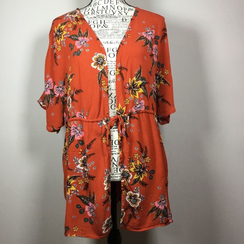 Orange floral floaty kimono with tie waist fairy hippie boho cover up beachy M